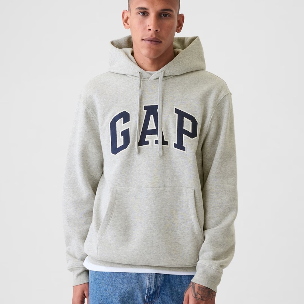 GAP Men's Light Gray Hoodie with Navy Logo